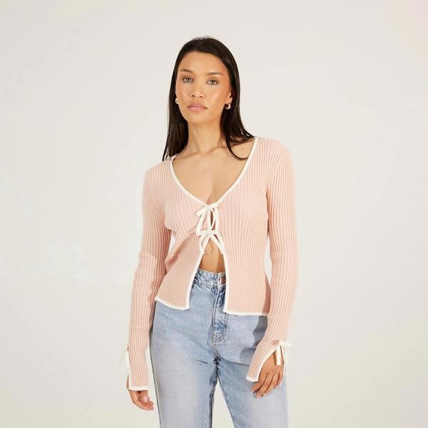 Brave Soul Pale Pink Ribbed Knitted Cardigan with Bow Fastening - Pale Pink Image 1