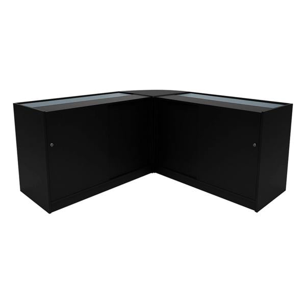 Black Apollo LED Shop Counter Set featuring sleek design with glass display tops and ample storage space, ideal for retail environments