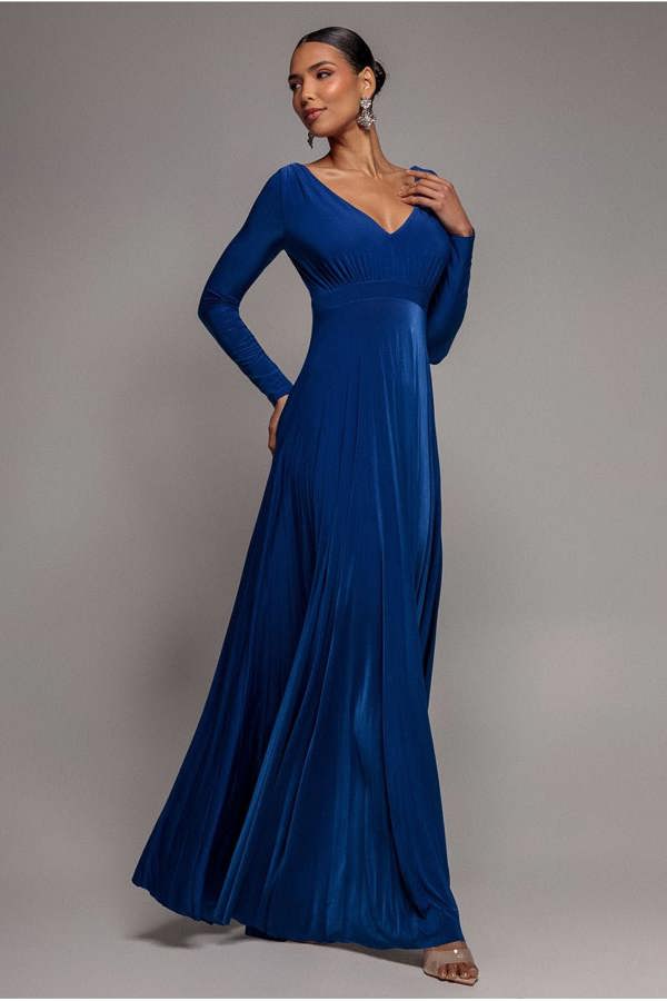 Plunge Neck Long Sleeve A Line Maxi Dress - Royal Blue DR2608