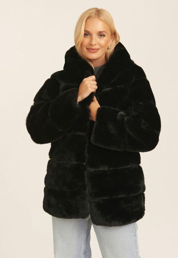 Gini London Black Horizontal Cut Fur Hooded Jacket