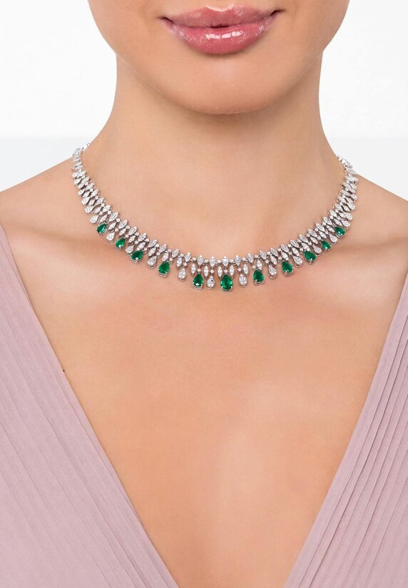 Latelita Duchess Emerald Statement Necklace Silver
