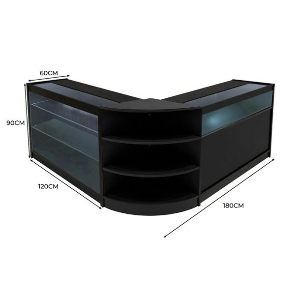 Black Demeter LED Shop Counter Set featuring sleek glass shelves, modern design, and dimensions of 120cm x 180cm x 90cm