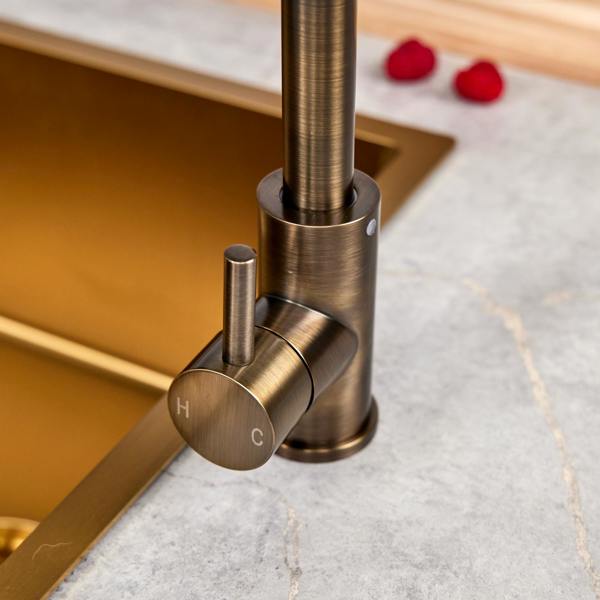 Flode Dellen | Single Lever Kitchen Sink Mixer Tap with Swivel Spout | Square Neck Design | Antique Brass Finish