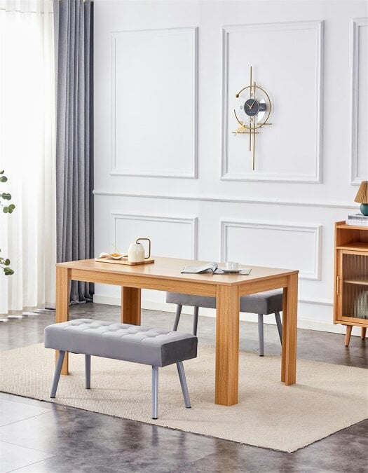 Kosy Koala Dining Table and 2 Benches Oak Effect Wood Table 2 Grey Velvet Benches Dining Room