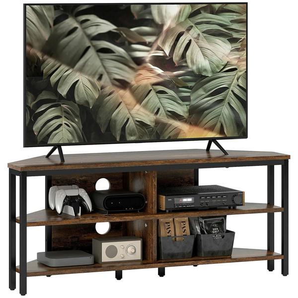 Industrial corner TV unit with black metal frame and rustic brown wood shelves