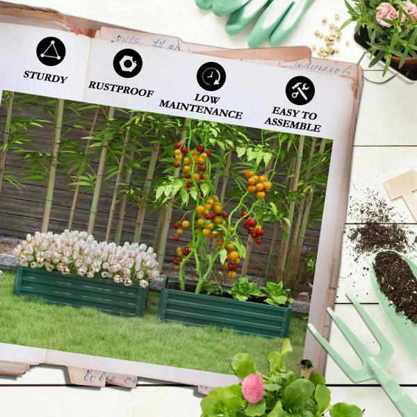 Green steel planter box set shown on packaging with icons for low maintenance and rustproof