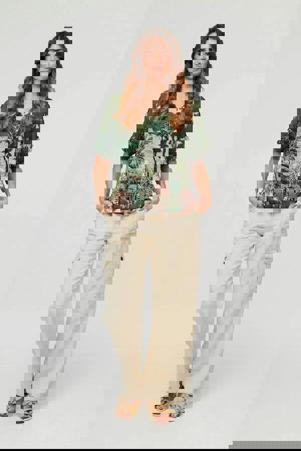 Khaki | Tropical Print Short Sleeve Relaxed Top: Model is 5'9"/175 cm and wears UK10/EU38/US6/AUS10