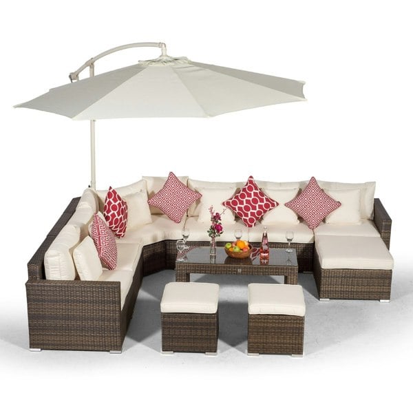 Giardino Santorini L Shape Modular 6 Seat Rattan Corner Sofa Set With Large Coffee Table, 2 Stools & Ottoman