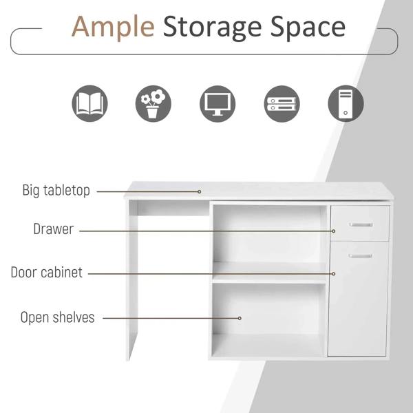 White desk with big tabletop, open shelves, drawer, and door cabinet storage