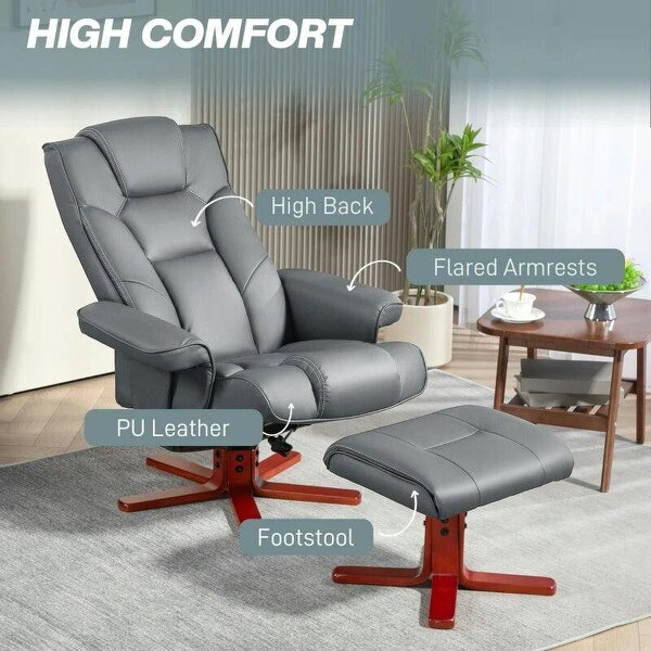 Faux Leather Manual Recliner and Footstool Set - Grey