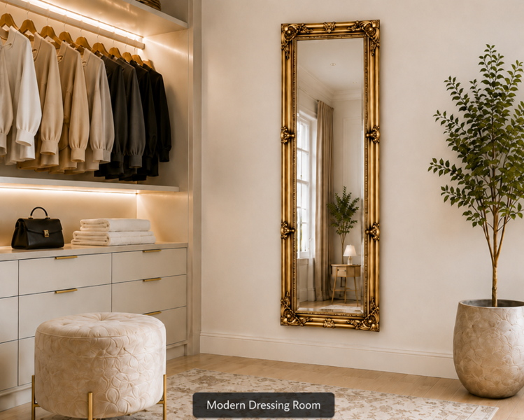 Downton Interiors Antique Gold Tall Ornate Dressing Wall Mirror with Bevelled Glass 142cm