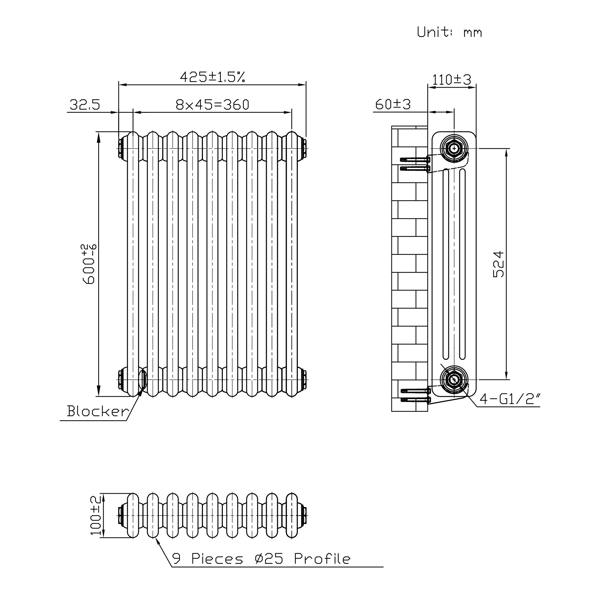 Monstershop Traditional 3 Column Radiator - 600 x 425mm - Raw Metal
