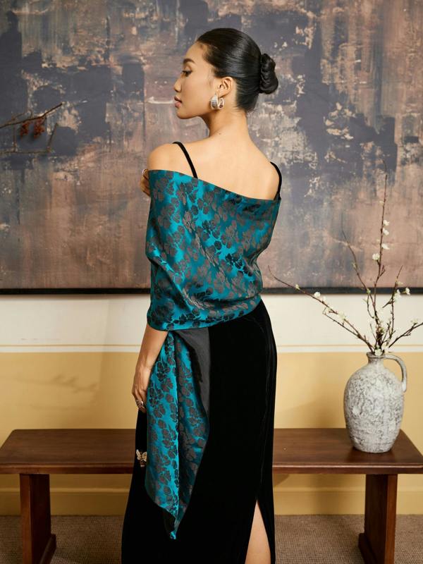 Teal & Black Reversible Jacquard Silk Shawl