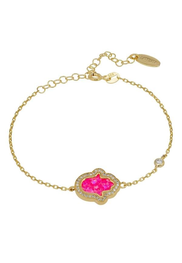 Pink opal hamsa hand gold bracelet.