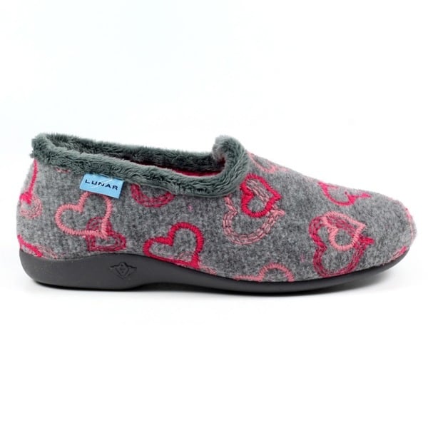 Lunar Womens Jolly Grey Heart Slippers - Grey/Pink