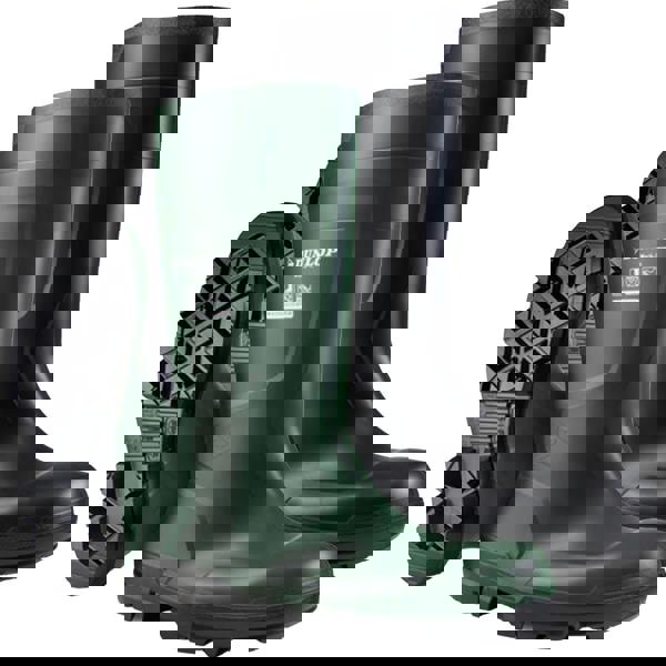 Dunlop Work It Full Mens Safety Steel Toe/Midsole S5 Wellington, pair of black and green rubber safety boots featuring steel toe and midsole protection for industrial work.