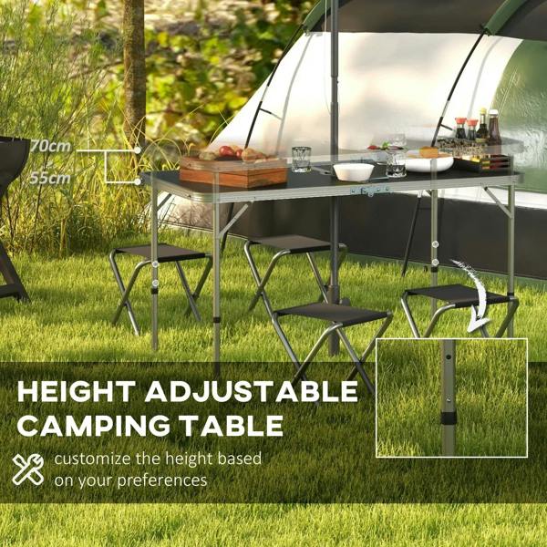 Height-adjustable camping picnic table with black tabletop and foldable stools