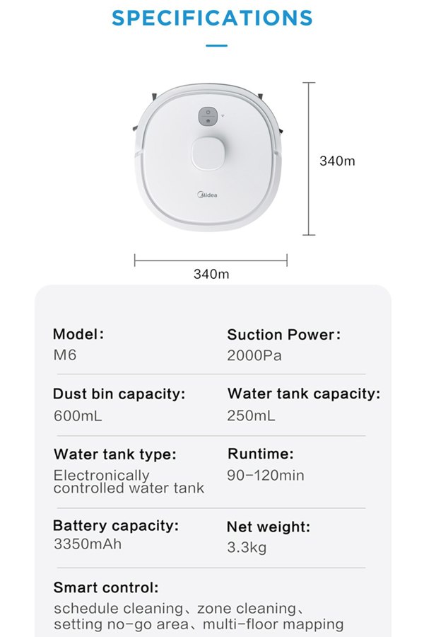 Midea M6 Robot Vacuum Cleaner and Mop, Carpet Cleaner, LiDAR Multi-Level Mapping, 2-in-1, Powerful Suction, Anti-Collision Sensors