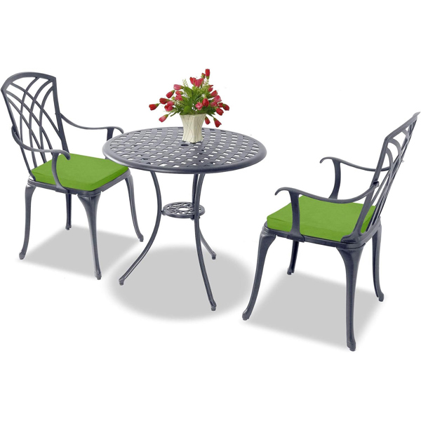Centurion Supports OSHOWA Luxurious Garden and Patio Table and 2 Large Chairs with Armrests Cast Aluminium Bistro Set - Grey with Green Cushions