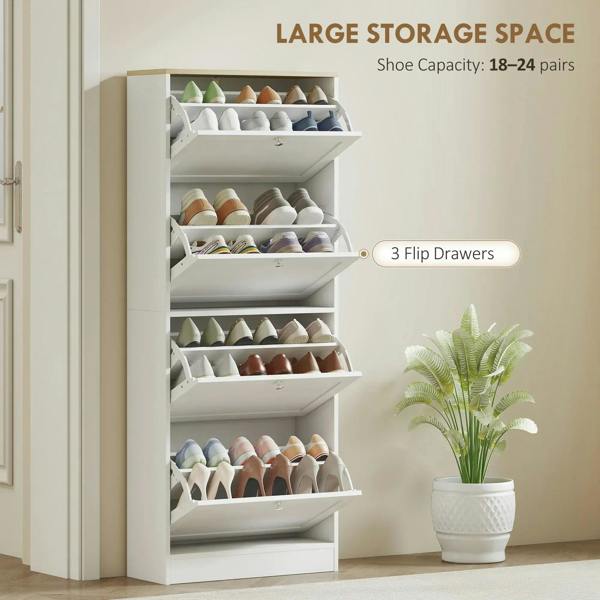 White multi-compartment shoe cabinet with multiple flip drawers and open shelves