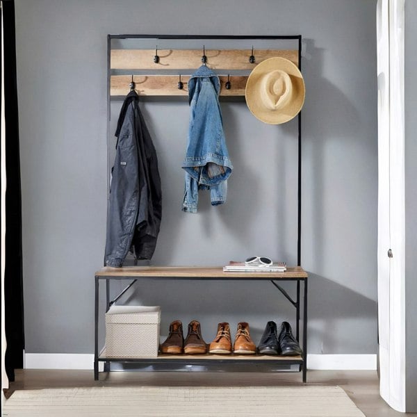 Rafaelo Mobilia Industrial Coat Rack Stand With 2 Shelves & 7 Hooks