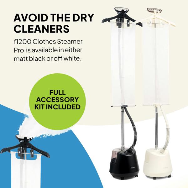 Image shows two upright steamers in matte black and off white, with text: Skip the dry cleaners. The Fridja Garment Care Pro Duo includes the f1200 Clothes Steamer Pro, f40 Fabric Shaver, and full accessory kit for easy garment care.