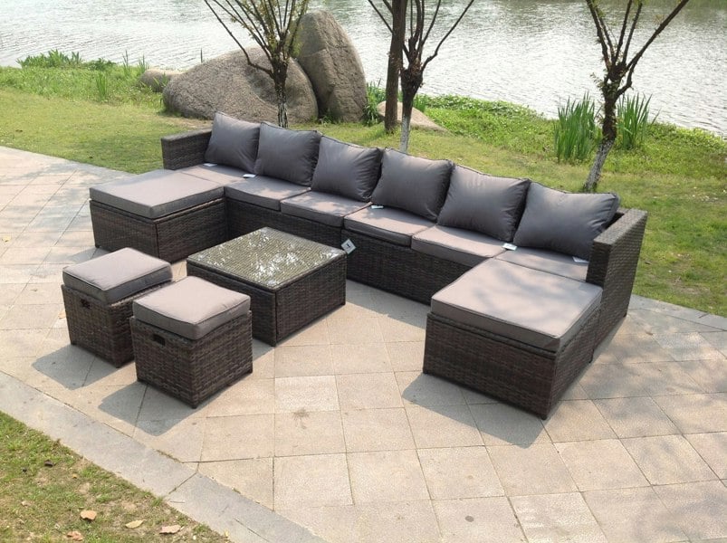 Fimous Lounge Couch Rattan Corner Sofa Set Coffee Table Stools Garden Furniture Outdoor