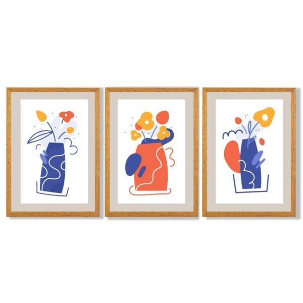 Boho Minimal Floral Blue Orange Set of 3 Framed Art Prints with Oak Wooden Frames
