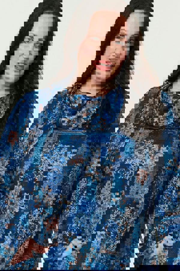 Blue | Curve Printed Cowl Neck Long Sleeve Tunic Top