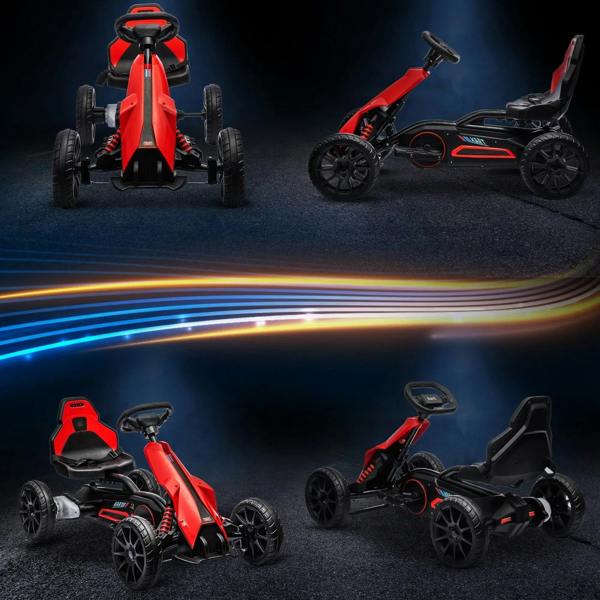 Red kids electric go-kart shown from multiple angles with black seat and wheels