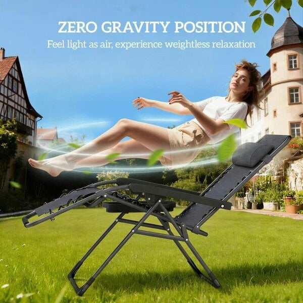 Bobobiy Zero Gravity Chairs Set of 2, Folding Sunloungers Reclining Garden Chairs with Cup Holder, Headrest, Dark Grey