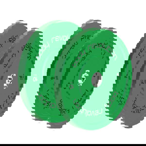 Body Revolution 100kg Bundle Olympic coloured bumper plates in vibrant green, featuring a durable rubber texture and clear weight markings