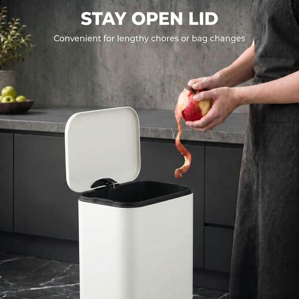 20 L Kitchen Pedal Bin, Metal Rubbish Bin with Removable Inner Bucket, Soft-Close & Stay-Open Lid, Cream White