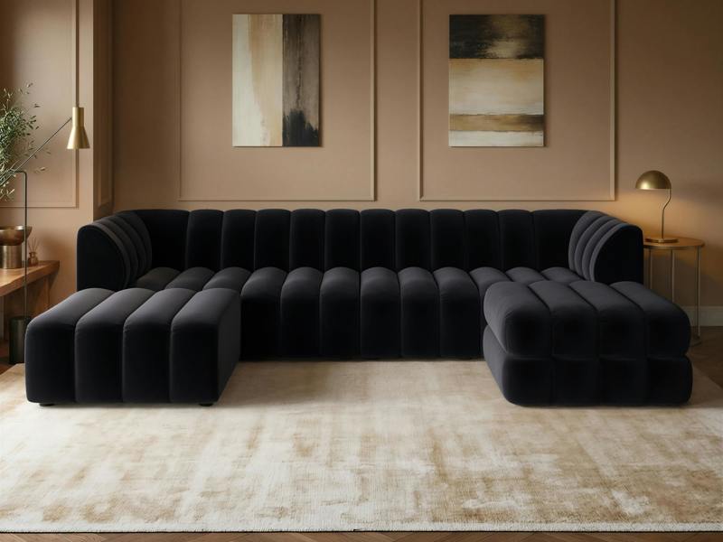 Halle Channel Tufted U Shaped Modular Sofa with Storage Footstool Black Velvet
