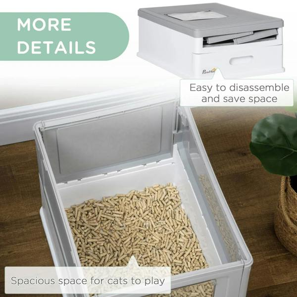 Grey hooded cat litter box with open top and spacious interior, removable tray
