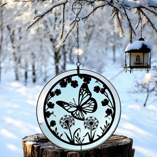 EDH Door Hardware Black Metal Butterfly Spinner Hanging Silhouette Garden Art Decoration for Outdoor Spaces and Patio Decor