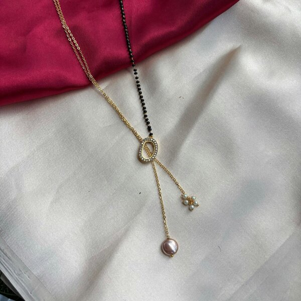 The Colourful Aura Half Black Bead Gold plated Oval Pearl Y shape Lariat Mangalsutra