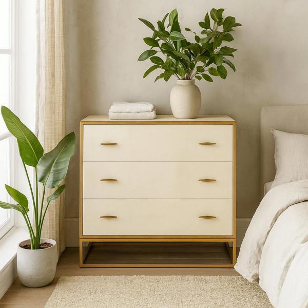 Wyld Haus Belluno Ivory Shagreen and Antique Brass Chest of 3 Drawers