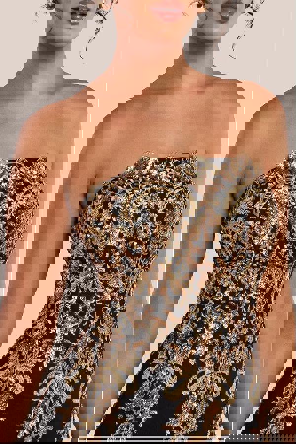 Scallop Bandeau Sequin Mesh Maxi Dress - Black Gold DR966