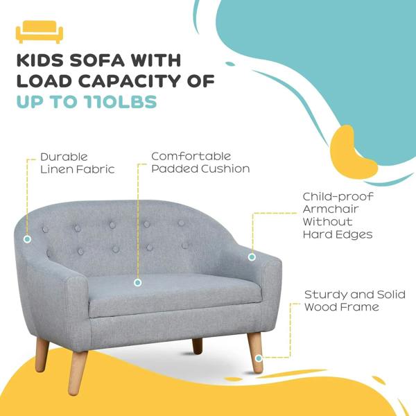 Grey kids sofa armchair with button-tufted back and sturdy wood frame legs