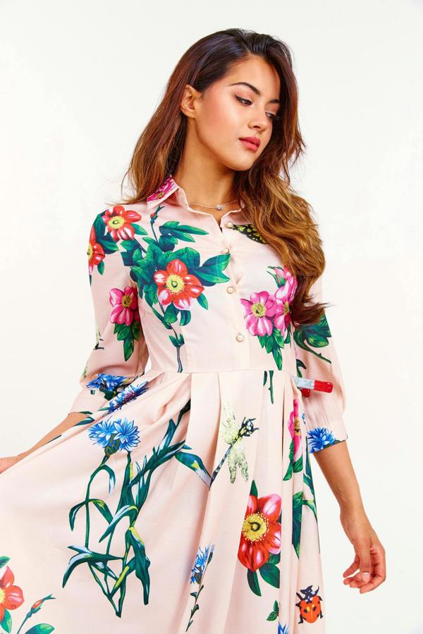 LuvForever Beige Floral Pleated Midi Dress
