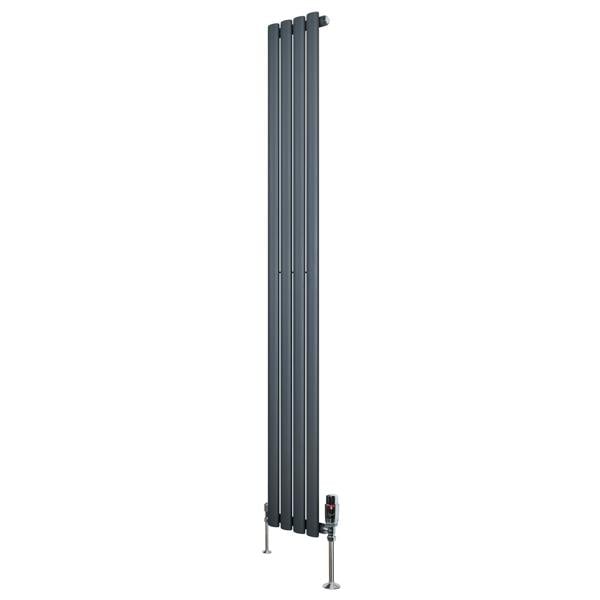 Sleek anthracite grey oval single column radiator, 1800mm x 240mm, featuring smooth vertical panels and modern valves for efficient heating