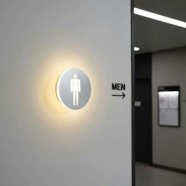 LED male WC sign mounted on the wall next to the entrance to a gents toilet 
