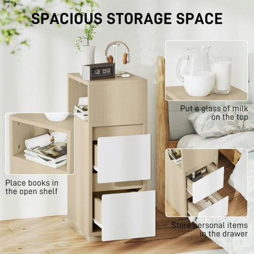 Wyld Haus Noyo Natural Wood Finish Slim Bedside Table With 2 Drawers And Open Shelf