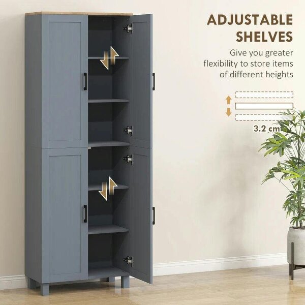 Freestanding Kitchen Cupboard, 4-Door Storage Cabinet with Adjustable Shelves, Modern Kitchen Pantry, 170cm, Grey