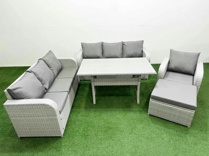 Fimous 8 Seater Poly Rattan Garden Furniture Patio Set, Dining Table, 3 Seater Sofa, Reclining Chair, 3 Seater Sofa, Big Footstool, Light Grey
