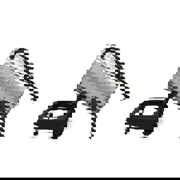 Stainless steel 50L wet and dry vacuum with a black base, angled for easy access, featuring a flexible hose and sturdy wheels