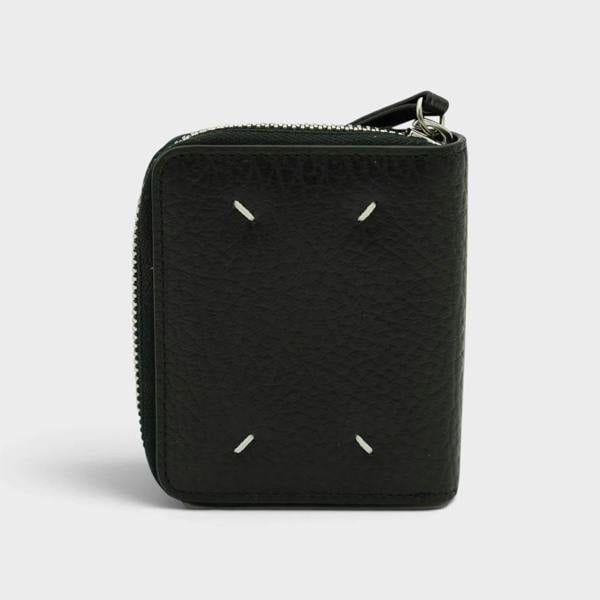 Supplied Fashion Maison Margiela black leather coin pouch with signature white four-stitch detailing and zip closure.