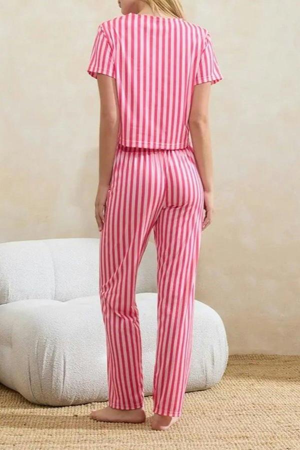 WOVCOR 3-Piece Striped Ribbon Detail Knitted Pajama Set
