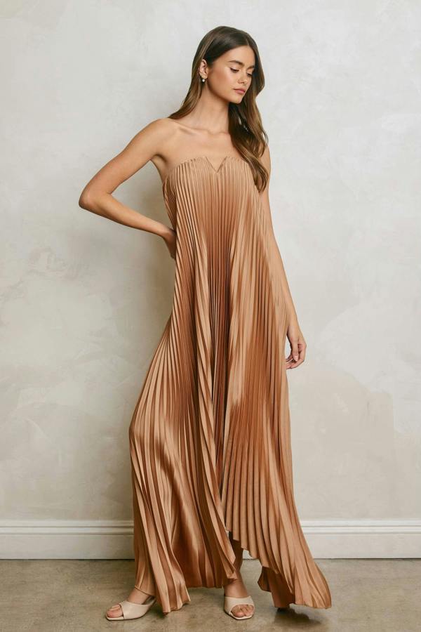 BALOU Womens Satin Pleated Maxi Dress